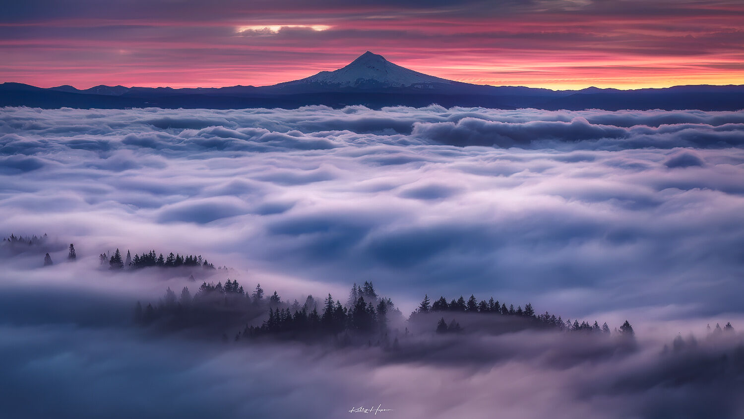 The City of Portland covered with thick fog at sunrise.
